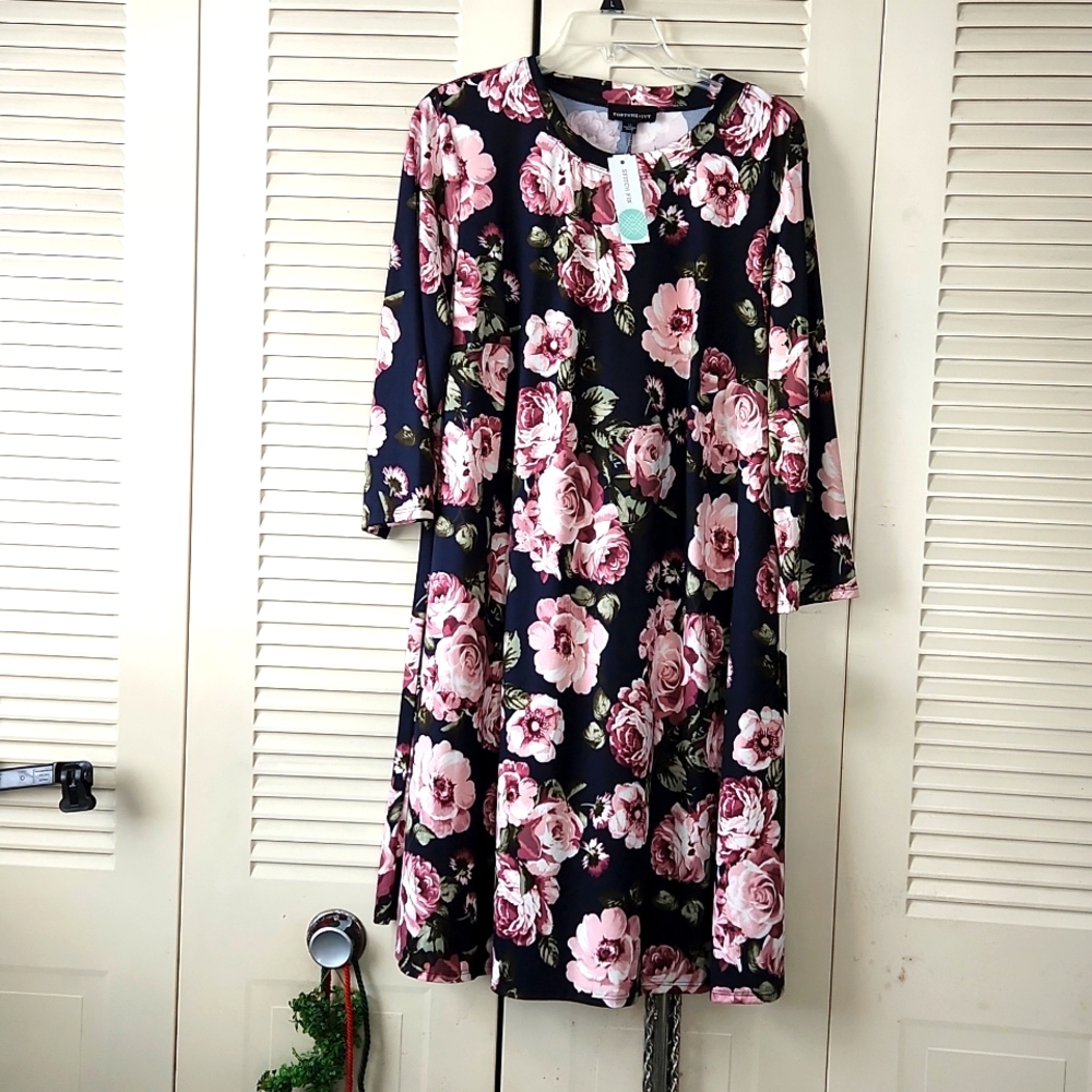 Navy with pink & purple flowers 3/4 length sleeve dress